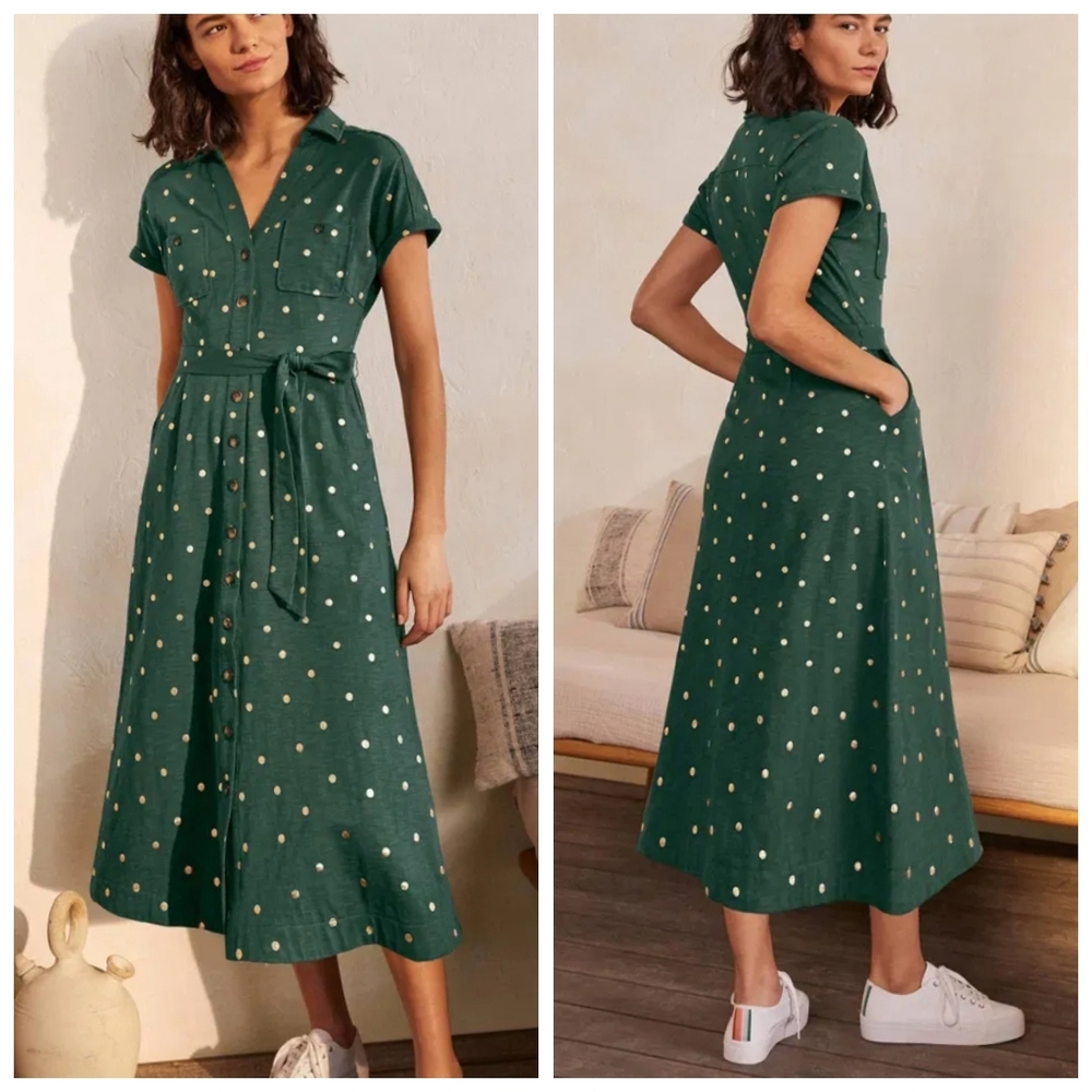 BODEN Green Polka Dot Shirt Dress with Tie Waist